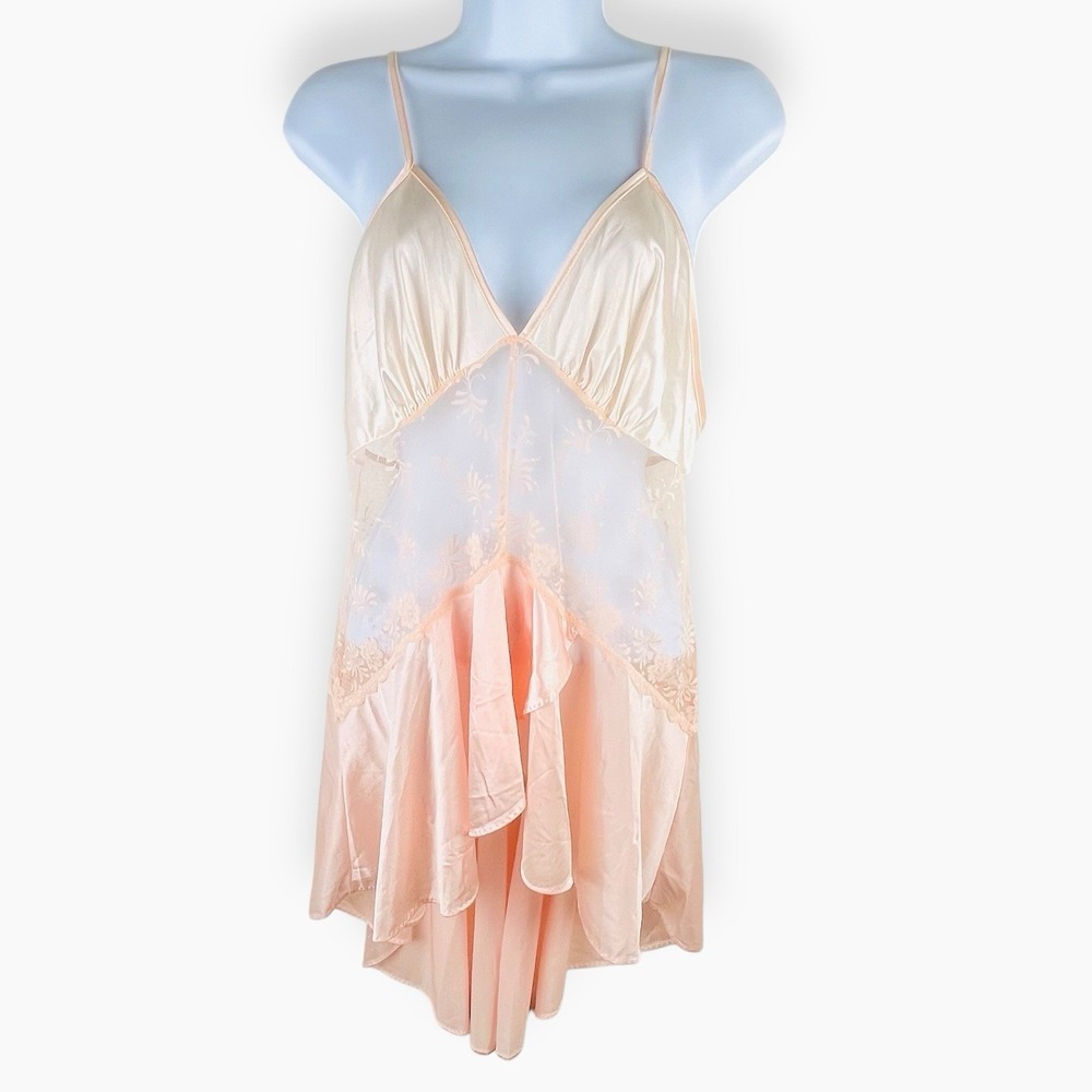Vintage Vanity Fair Pink Peach Lingerie Medium Nylon Lace Bodice Teddy Sheer